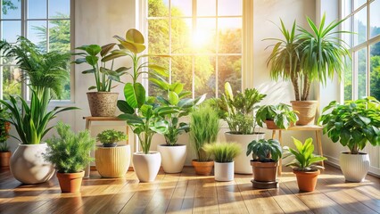 Fototapeta premium Houseplants flourishing in a bright, sunlit indoor space , houseplants, thriving, sun-drenched, interior, greenery, foliage