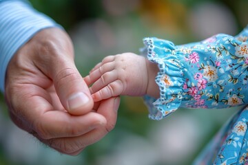 A baby's hand tightly grips an adult's finger, symbolizing trust, love, and connection between the two individuals, with the baby wearing a floral patterned dress.