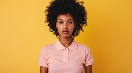 A model showcasing a women's pink polo shirt, standing against a solid yellow background.
