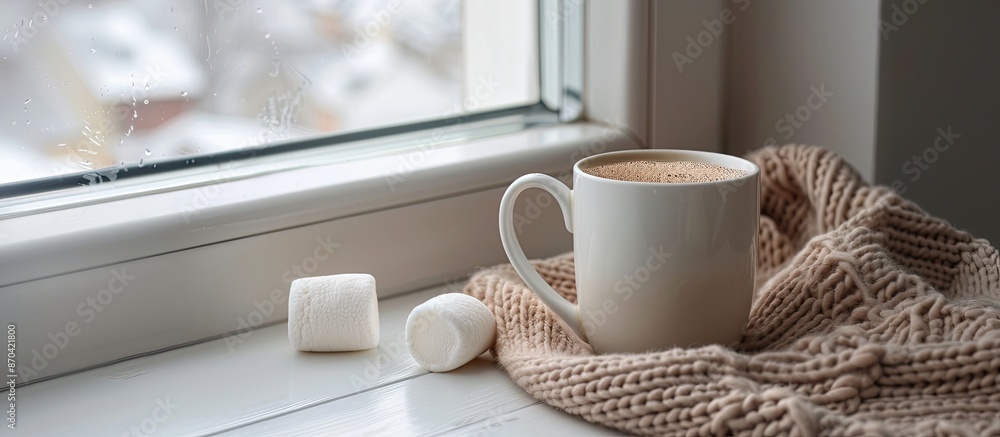 Poster coffee and a marshmallow on the windowsill with copy space image.