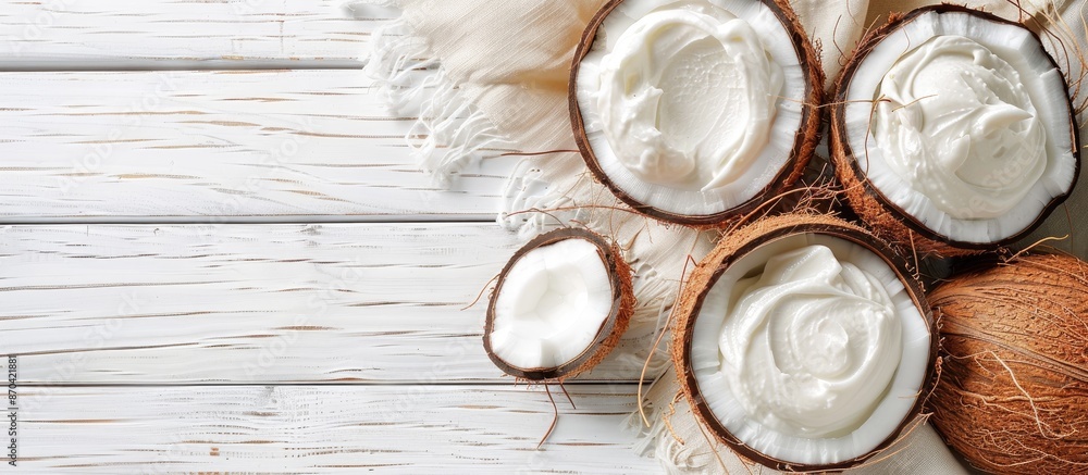 Poster top-down view of homemade coconut cream on a white wooden surface with space for text or images. cop