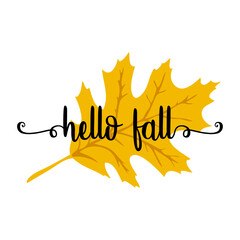 Logo con texto manuscrito hello fall con línea de decoración de caligrafía sobre silueta de hoja de roble para felicitaciones y tarjetas © teracreonte