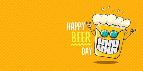 International beer day horizontal banner or summer poster with vector funky beer character isolated on yellow beer background. Vector Cartoon funny International beer day label and poster