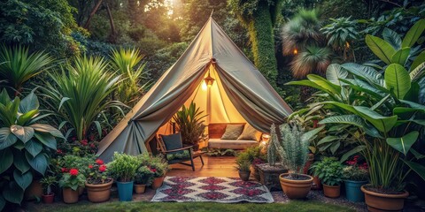 Obraz premium of a cozy tent camping surrounded by plants, tent, camping, plants, nature, outdoors, adventure, wilderness,, forest