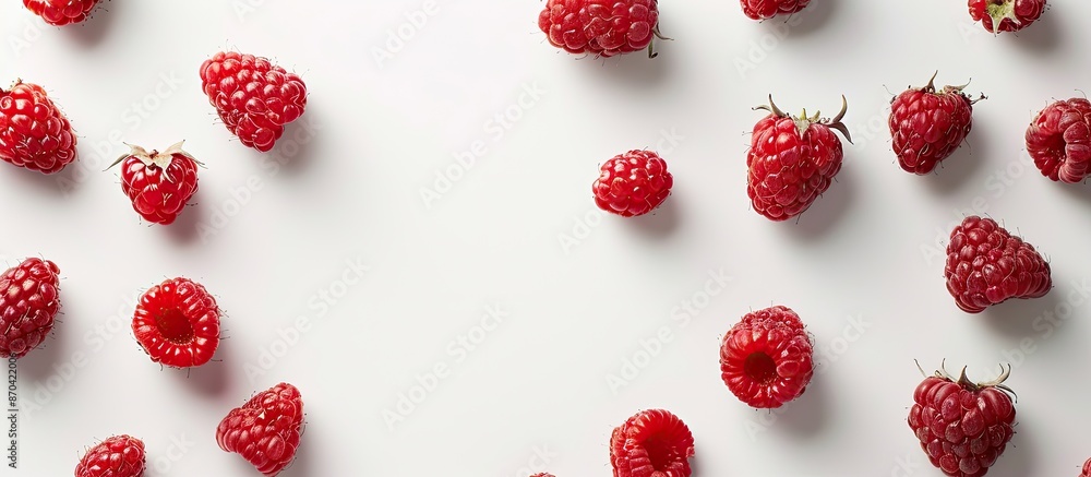 Poster a summer-themed, healthy raspberry displayed on a clean white background in a top-down perspective m