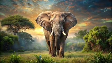Obraz premium Realistic and detailed of an elephant in a natural setting, elephant, wildlife, African, safari, mammal, trunk, tusks