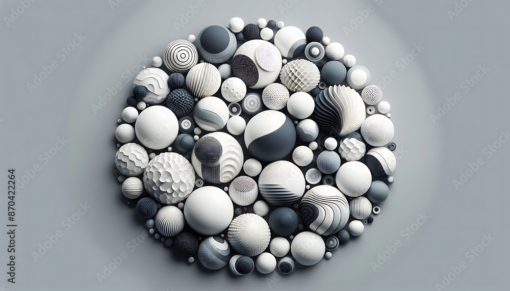 Poster an abstract composition of white and gray spheres, with some of the spheres having decorative patter