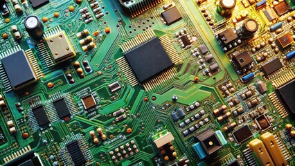 Electronic circuit board with various components and circuits , technology, motherboard, hardware, electronic