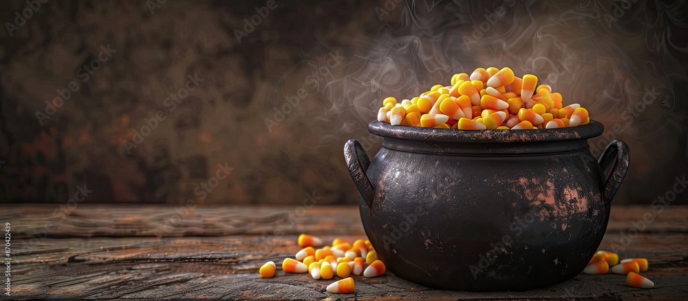 Poster a cauldron designed for witches containing candy corn in a halloween-themed image with space for tex