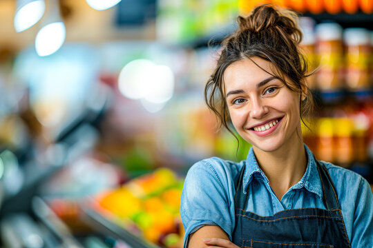 A cheerful woman with a top knot hairstyle wearing a denim apron, smiles confidently while standing at a grocery store counter with colorful produce in the background.