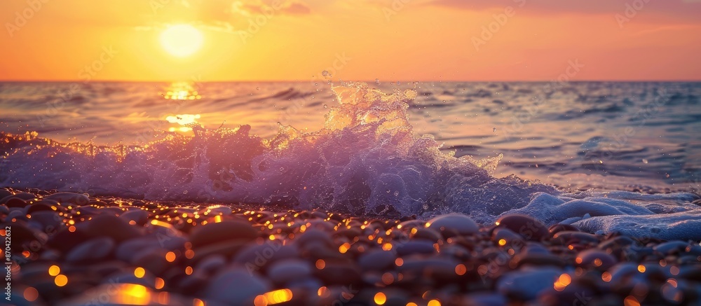 Poster Sunset scenery by the pebble beach with waves crashing on shore, ideal for use as a copy space image.