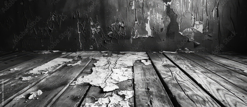 Poster an aged wooden floor with peeling paint creates a dark vignette backdrop in a black and white image 