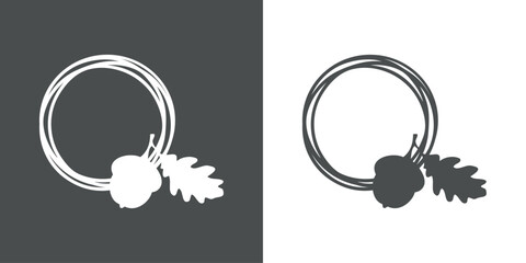 Logo con silueta de hoja de roble con semilla de bellota o nuez en marco circular con líneas © teracreonte