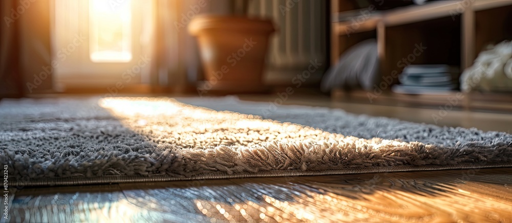 Poster soft carpet on wooden floor creating a beautiful ambiance with copy space image.