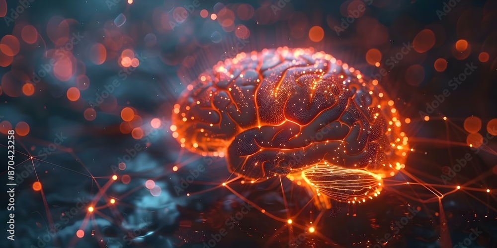 Poster digital brain abstract with glowing nodes and connections symbolizing neural activity. concept digit