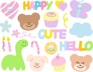 Pastel illustrations of heart, teddy bear, butterfly, dinosaur, candles, candy cane, flowers, cupcake, cloud for cute stickers, cartoon, character, icon, summer, shirt print, happy emoji, birthday, ad