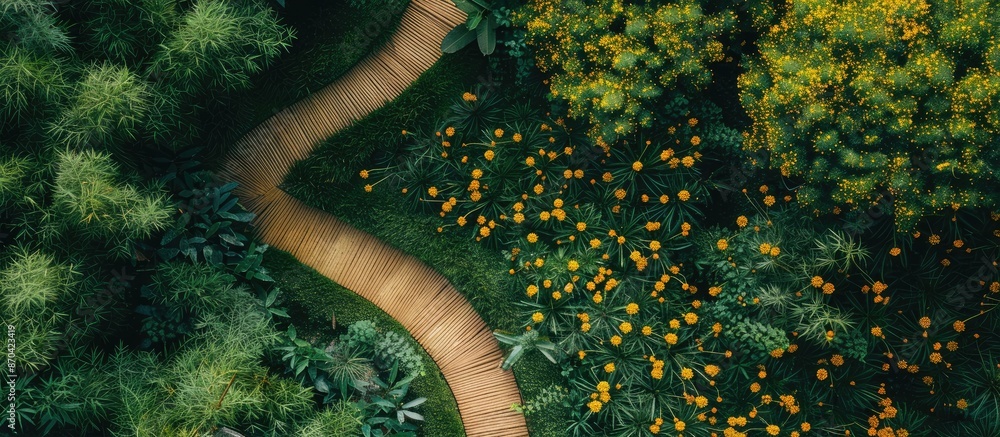 Poster aerial view of a bamboo path surrounded by yellow and spring flowers, ideal for background pictures 