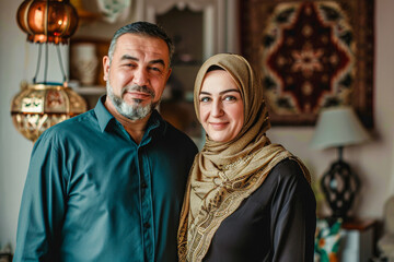 An elderly couple, dressed traditionally, smiles warmly as they pose in a home decorated with cultural artifacts, symbolizing love, heritage, and contentment.