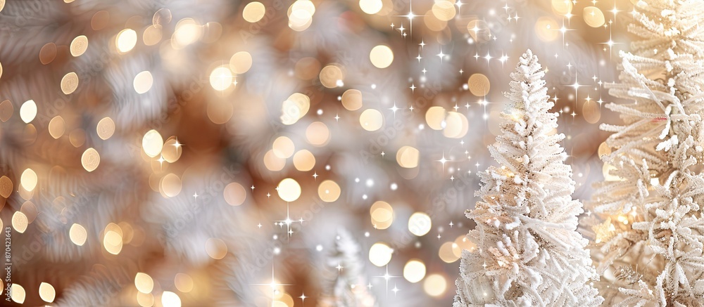 Poster festive white christmas trees adorned with beautiful lighting against a blurred bokeh background for