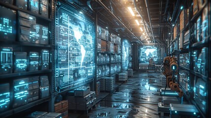 Futuristic Data Center Corridor with Advanced Robotics and Holographic Displays - Generative AI