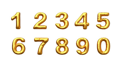 Set of golden foil balloons forming numbers from zero to nine