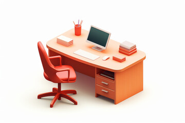 An orange-themed office space features a large desk with a computer, a comfortable chair, office supplies like pens and books, promoting an organized and efficient workspace.