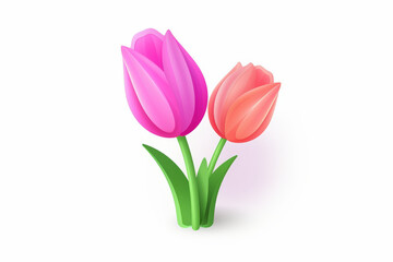 Naklejka premium A beautiful image of two tulips in vibrant pink and red hues, showcasing fresh green stems and leaves against a white background, symbolizing nature's beauty and simplicity.