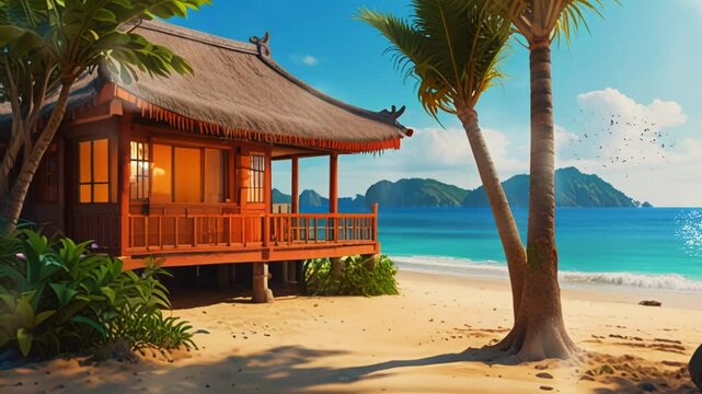 wooden house with thatched roof in asian style with beach background in anime style, in smooth looping background with 4K vidio animation.
