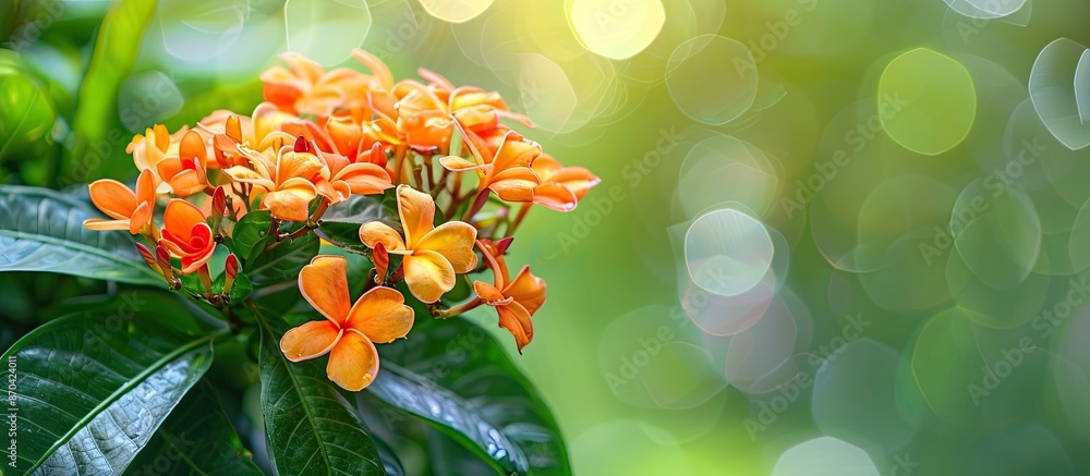 Poster a vivid orange jasmine flower in full bloom with space for text in the image. copy space image. plac