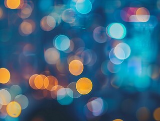 Colourful bokeh lights on a dark blue background, creating a festive and dreamy visual effect.