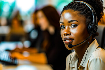 This image shows a confident woman working at a call center, providing customer service and support with a professional and attentive demeanor, highlighting her expertise.