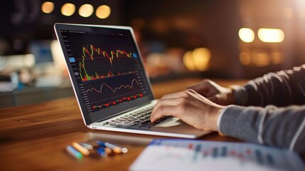 Person using laptop to analyze financial data and stock market trends in a modern, dimly lit workspace with graphs and charts on the screen.