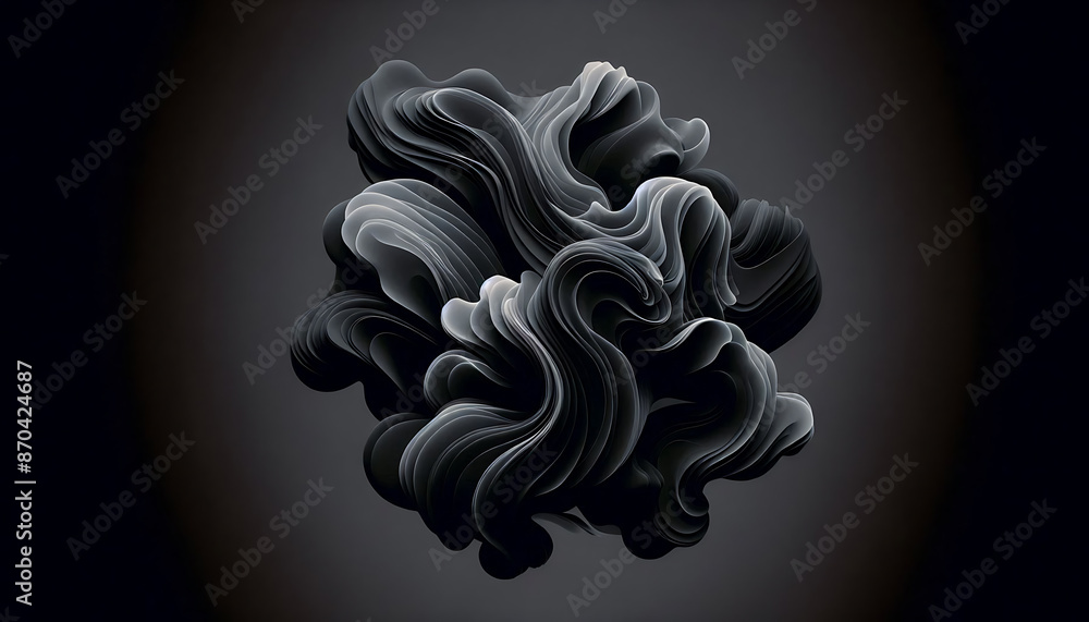 Poster a 3d rendering of a black abstract shape on a dark gray background.