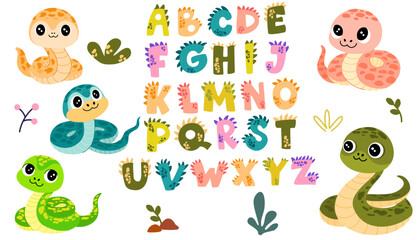 Obraz premium Snake collection with alphabet. Various happy funny serpent with spots on skin characters. Funny comic font in simple hand drawn cartoon style. Vector illustrations for kids.