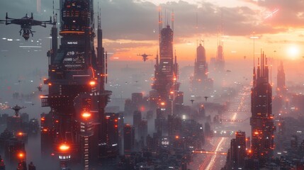 Futuristic Cityscape at Sunset - Generative AI