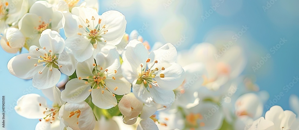 Poster close-up shot of dense white apple blossoms against a clear blue sky backdrop with room for text, id