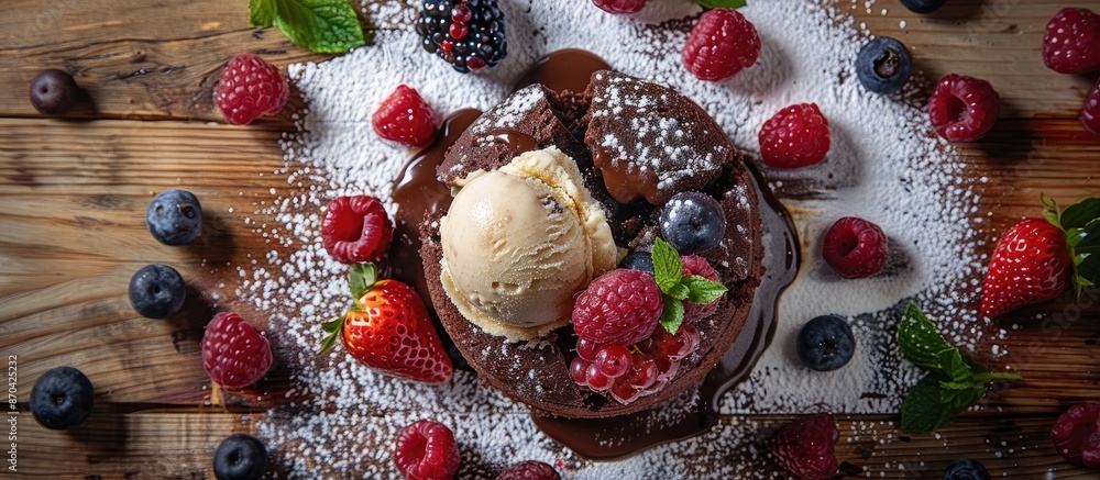Poster close-up view of a molten chocolate cake surrounded by ice cream and berries on a rustic wooden back
