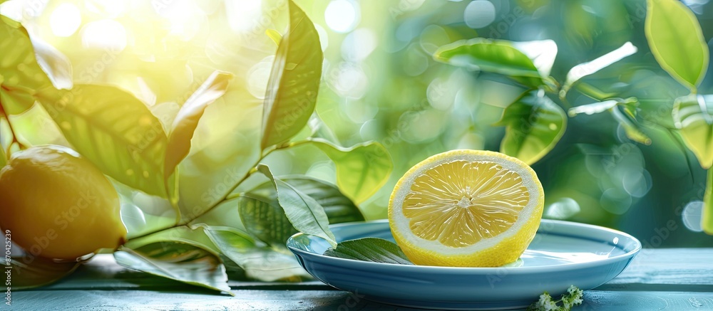 Aufkleber a summery scene with a yellow lemon slice on a blue saucer against a green backdrop with sunlight fi
