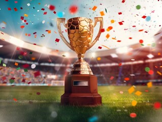 Glorious Soccer Trophy Shining Amidst Confetti in the Illuminated Stadium