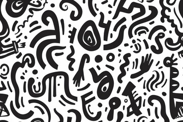 An eclectic black and white abstract image filled with random doodles and symbols, representing a creative and whimsical artwork, showcasing unique modern artistic expressions.