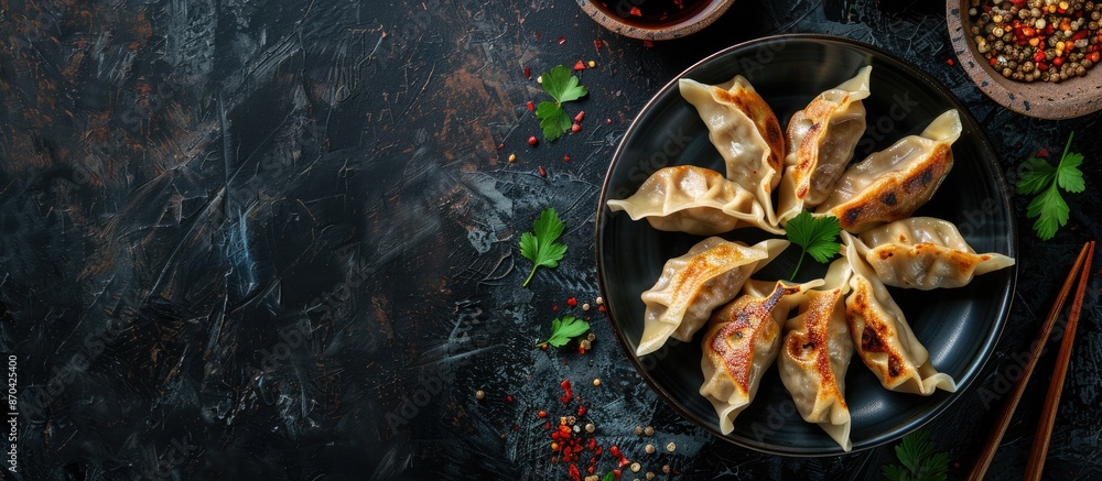 Poster an image of asian gyoza dumplings filled with pork and vegetables on a dark backdrop, seen from abov