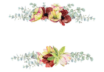 Hellebore, poppy anemone peony flowers, eucalyptus branch. Watercolor hand drawn illustration, copy space frame isolated on white. Xmas, happy new year festive, noel navidad holiday. Florist wedding.