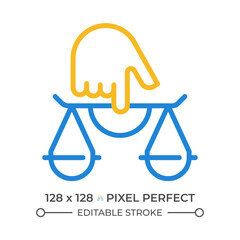 Justice two color line icon. Balanced scales on finger. Law system protecting order in society. Judgement bicolor outline symbol. Duotone linear pictogram. Isolated illustration. Editable stroke