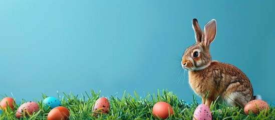 A festive Easter scene with eggs scattered on green grass, a bunny nearby, complemented by a blue backdrop providing ample space for adding text or images.
