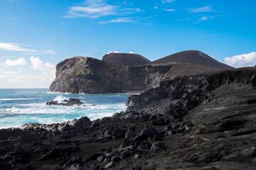 The Capelinhos volcano on Faial Island, the Azores, Portugal. Volcanic complex of Capelo. Caldera of Caldeira Volcano. Atlantic ocean coast. IUGS geological heritage site.