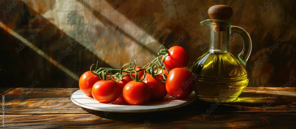 Poster on the table, there is a setup with tomatoes and oil, providing a focal point for the copy space ima