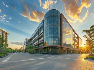 Obraz premium Modern glass office building at sunset, with dramatic clouds reflecting on its facade, capturing a blend of architecture and nature.
