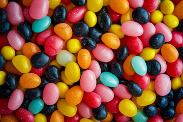 Obraz premium Close-up macro photograph of a pile of multicolored jelly beans, capturing their shiny, candy-coated surfaces and an assortment of bright, vibrant colors.