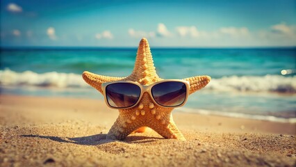 of a vintage style starfish wearing sunglasses at the beach, starfish, sunglasses, vintage,beach, summer, ocean, sea life