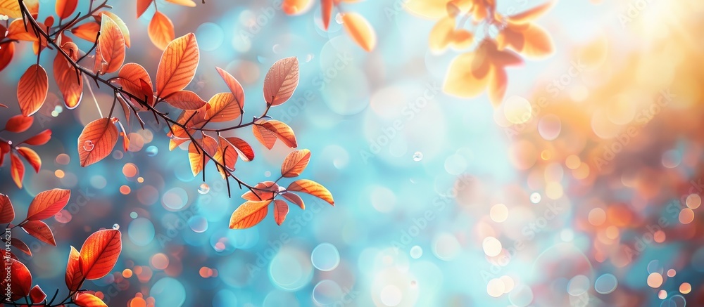 Poster autumn park setting with vibrant foliage hanging against a sky backdrop featuring bokeh, ideal for a